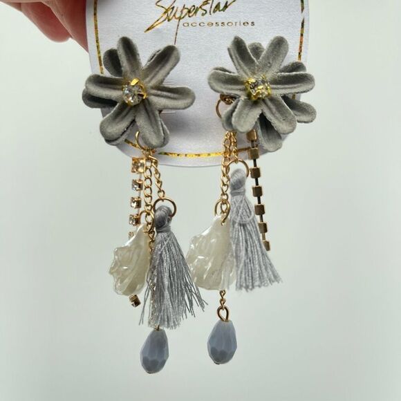 Superstar Accessories Women’s Blue Seashell Rhinestone Tassel Drop Boho Earrings - Picture 3 of 6